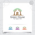 Green house logo design vector with concept of home and leaf icon illustration for real estate, property, residence and mortgage Royalty Free Stock Photo