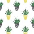 green house plants in the yellow and gray pots sansevieria haworthia aloe scandinavian style boho seamless pattern vector