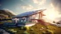 Green house with solar panels at sunset, energy saving technology Royalty Free Stock Photo