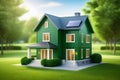 Green house with solar panels surrounded by green lawn and trees under blue sky