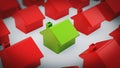 Green house standing out among red houses. 3D illustration