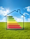 Green house in the sun with energy efficiency graph Royalty Free Stock Photo