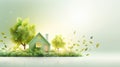 A green house surrounded by trees and leaves, springtime background with copy-space. Royalty Free Stock Photo