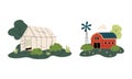 Green House and Timbered Red Barn or Granary for Crop Storage Vector Set