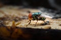 Green housefly using its labellum to suck banana meat Royalty Free Stock Photo