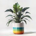 Green houseplant in a bright multi-colored pot on a white bg