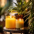 Green houseplants and burning candle closeup shot, natural home decor with plats and leaves