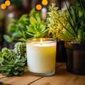 Green houseplants and burning candle closeup shot, natural home decor with plats and leaves