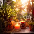 Green houseplants and burning candle closeup shot, natural home decor with plats and leaves