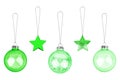 Green ÃÂ¡hristmas tree decorations set on white background isolated closeup, glass balls & metal stars hanging on thread collection