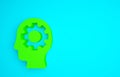 Green Human head with gear inside icon isolated on blue background. Artificial intelligence. Thinking brain. Symbol work Royalty Free Stock Photo