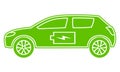 Green hybrid car icon. Electric powered environmental vehicle. Contour automobile with battery sign.