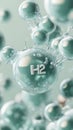 Green hydrogen molecule H2 bubbles forming in clean water with light blue background, abstract concept. Royalty Free Stock Photo