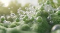 Green hydrogen molecules forming on mossy surface with water droplets, clean energy concept Royalty Free Stock Photo