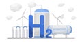 Green hydrogen production. Renewable energy source. H2 fuel plant.