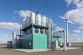 Green Hydrogen renewable energy production facility - green hydrogen gas for clean electricity solar and windturbine facility Royalty Free Stock Photo