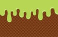 Green ice cream flows down the brown crispy waffle. Delicious dessert background. Flat vector illustration