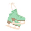 Green Ice Skates, Footwear With Blades Designed For Gliding On Ice. Used In Ice Sports Like Figure Skating or Ice Hockey