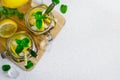 Green ice tea with lemon and mint in a glass jar. Top view with Royalty Free Stock Photo