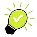 Green idea! Light bulb and check mark symbol. Finding ideas.