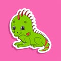 Green iguana. Bright color sticker of a cute cartoon character. Flat vector illustration isolated on color background. Design Royalty Free Stock Photo