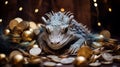 A green iguana in the form of a symbol of the year of the dragon sits on a scattering of gold coins and Christmas tree ball