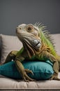 Relaxed Green Iguana Portrait on Sofa with Teal Pillow in the Soft Light Studio Royalty Free Stock Photo