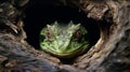 green iguana peeking out of a hole in a tree trunk Generative AI