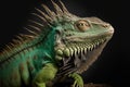 Green iguana portrait on black background posing in studio, Photo realistic image, Generative Ai