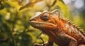 iguana on a tree, green iguana on a tree branch, close-up of colored chameleon on the tree, close-up of a chameleon in the forest