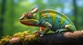 iguana on a tree, green iguana on a tree branch, close-up of colored chameleon on the tree, close-up of a chameleon in the forest