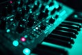 Green illuminated circuitry is shown in close-up detail with integrated keyboard elements demonstrating active Royalty Free Stock Photo