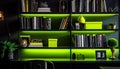 Green illuminated plant decor on bookshelf in modern home interior generated by AI