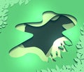 Green illustration of 3d abstract waves and tree leaves cut out from paper. Ecology and nature. Vector origami element