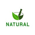 Green illustration of mortar, pestle and leaves.  Natural pharmacy or herbal medicine logo Royalty Free Stock Photo