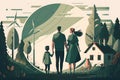 A Green Illustration of a Sustainable Family Living a Happy Life. Generative AI