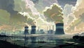 Green Industrial Dream: Stylized Thermal Power Plant with Green Smoke, generative ai