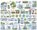 Green infrastructure and smart, eco friendly lifestyle outline collection set