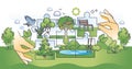 Green infrastructure with sustainable city parks hands outline concept Royalty Free Stock Photo