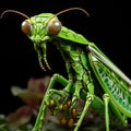 A green insect with large eyes