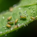 Green insect pests aphids on a green leaf and dew drops, close-up