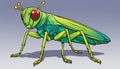 A green insect with red eyes and yellow horns