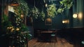 Cozy Restaurant Interior with Hanging Plants, Ambient Lighting Tables Royalty Free Stock Photo