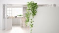 Green interior design concept background with copy space, foreground white wall with potted plant, scandinavian modern white kitch