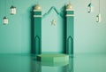 Green islamic dome and minaret pduct display decoration with hanging lantern