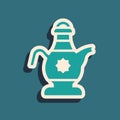 Green Islamic teapot icon isolated on green background. Long shadow style. Vector