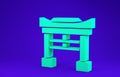 Green Japan Gate icon isolated on blue background. Torii gate sign. Japanese traditional classic gate symbol. 3d