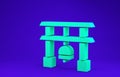 Green Japan Gate icon isolated on blue background. Torii gate sign. Japanese traditional classic gate symbol. 3d