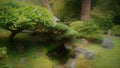 Green Japanese garden with trees over a pond Royalty Free Stock Photo