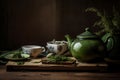 Green Japanese herbal tea cups on wooden board. Generate ai Royalty Free Stock Photo